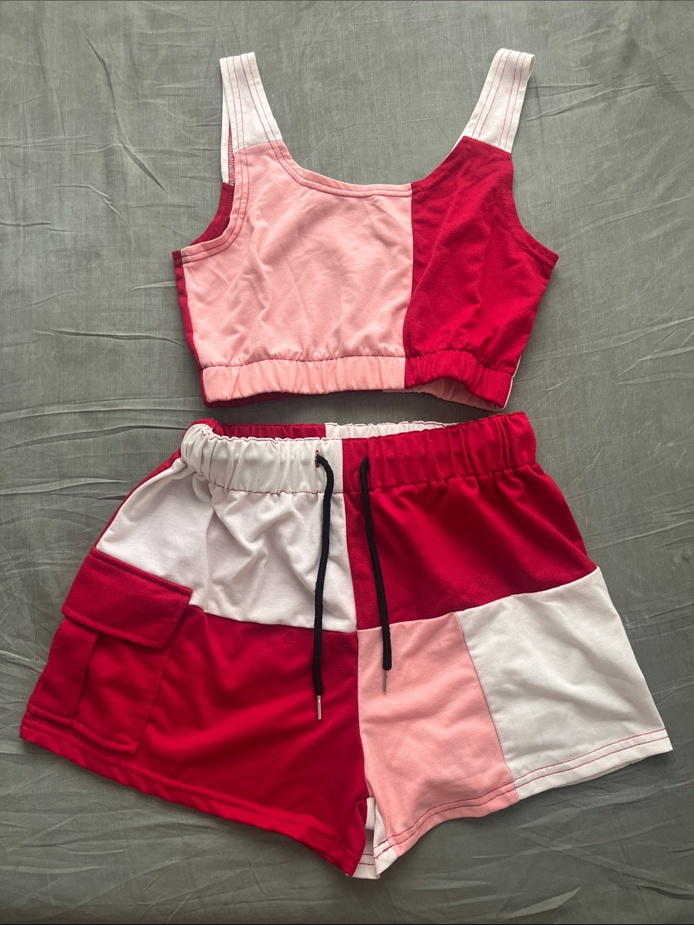 SHEIN Red, Pink & White Colorblock Top and Shorts Set